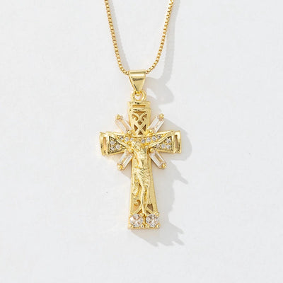 Copper box chain 18K Gold Plated Inlay Carving Cross Zircon Pendant Necklace