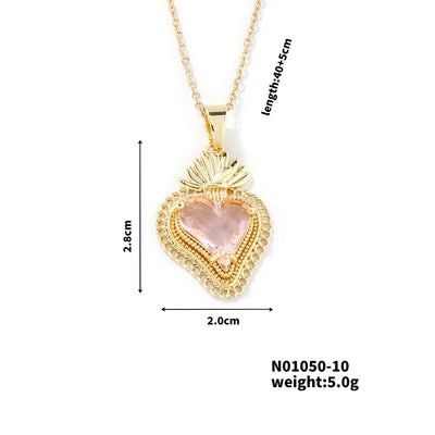 304 Stainless Steel Copper K Gold Plated Rhodium Plated Three-dimensional Inlay Heart Shape Strawberry Glass Pendant Necklace