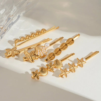 Women's IG Style Marine Style Starfish Flower Shell 304 Stainless Steel Inlay Pearl Hair Clip Insert comb