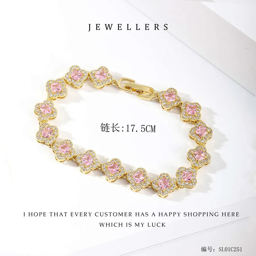 Wholesale Jewelry Elegant Classic Style Leaf Four Leaf Clover Copper Zircon Plating Bracelets Tennis Chain