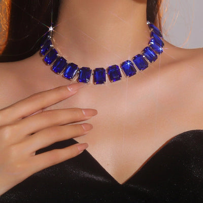 Copper Tennis Chain Inlay Rectangle Rhinestones Pendant Necklace