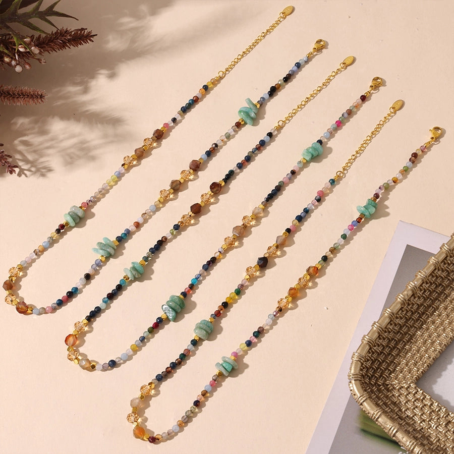 Sweet Cool Style Geometric 304 Stainless Steel Artificial Crystal natural stone 18K Gold Plated Beaded Chain Necklace In Bulk