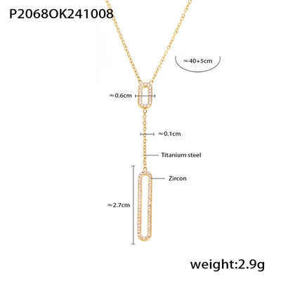 Jewelry Elegant Luxurious Vacation Rectangle Titanium Steel 18K Gold Plated Rhinestone Necklace
