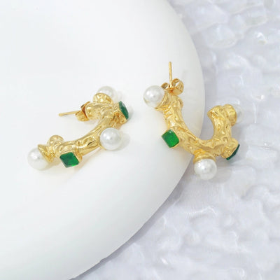 1 Pair Elegant C Shape Plating Inlay 304 Stainless Steel Artificial Pearls Zircon 18K Gold Plated Ear Studs