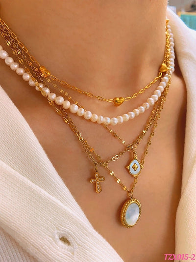 Jewelry Casual Elegant Cross Heart Shape 304 Stainless Steel Shell 18K Gold Plated Pendant Necklace