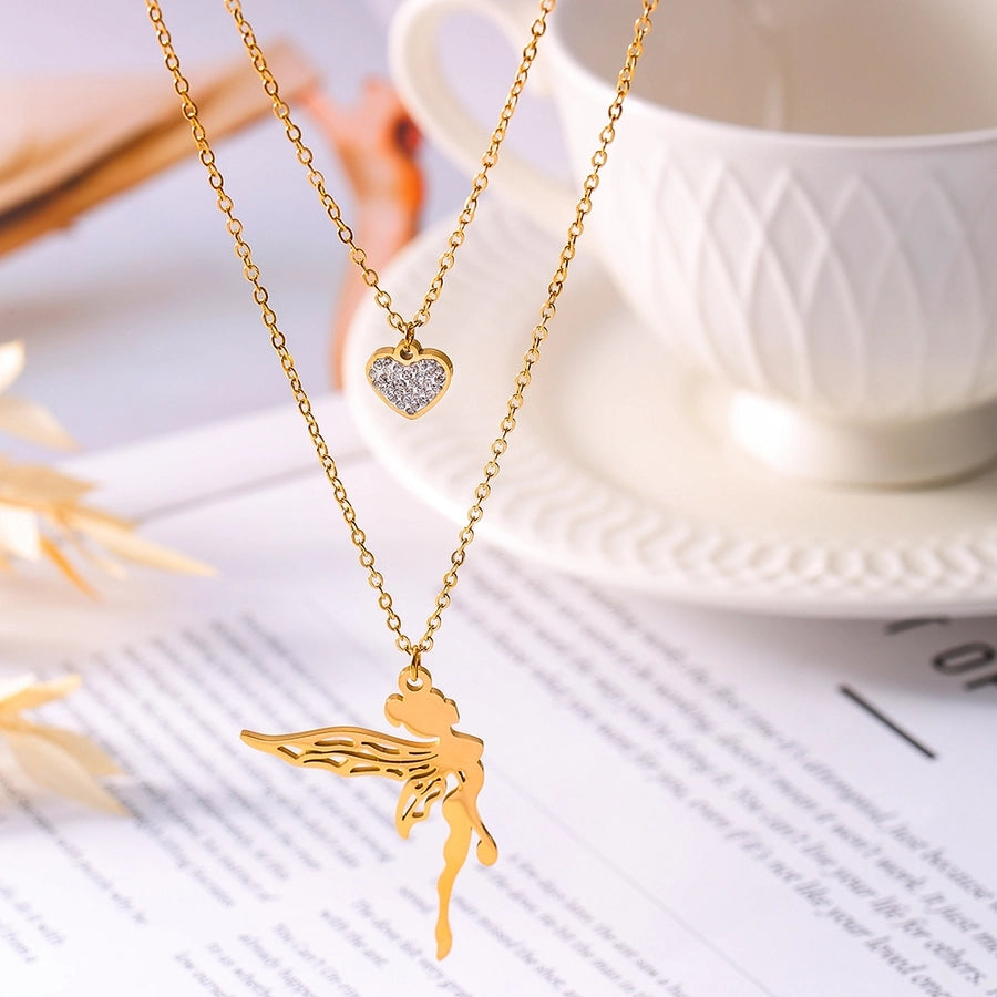 Jewelry Sweet Korean Style Angel Heart Shape 304 Stainless Steel Rhinestones 18K Gold Plated Layered Plating Inlay Double Layer Necklaces Pendant Necklace