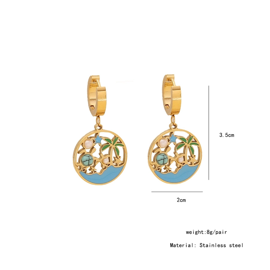 Jewelry Hawaiian Commute Coconut Tree Dolphin 304 Stainless Steel Pearl 18K Gold Plated Hollow Out Jewelry Set