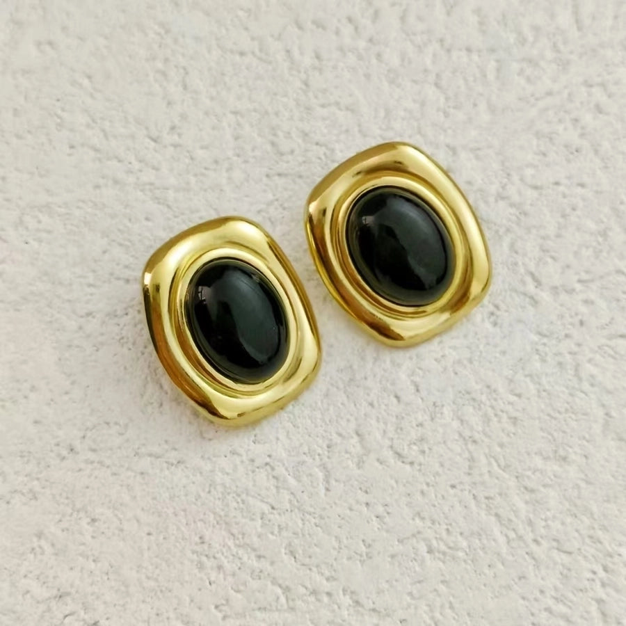 1 Pair Retro Rectangle Inlay 304 Stainless Steel Acrylic Natural Stone Tiger Eye 18K Gold Plated Ear Studs