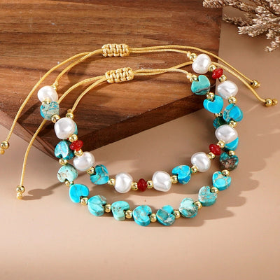 Europe and America  Hot-Selling New Arrival Bohemian Style Imitation Pearl Natural Stone Peach Heart Beads String Bracelet Fashion 2-Piece Set