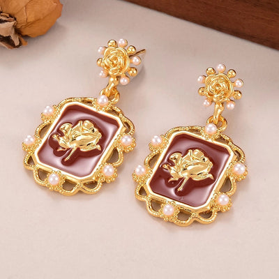 1 Pair Retro Simple Style Rose Inlay Alloy Artificial Pearls Gold Plated Drop Earrings