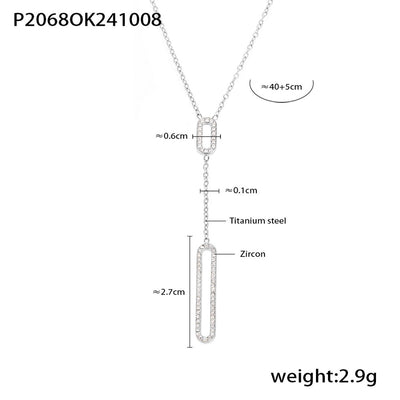 Jewelry Elegant Luxurious Vacation Rectangle Titanium Steel 18K Gold Plated Rhinestone Necklace