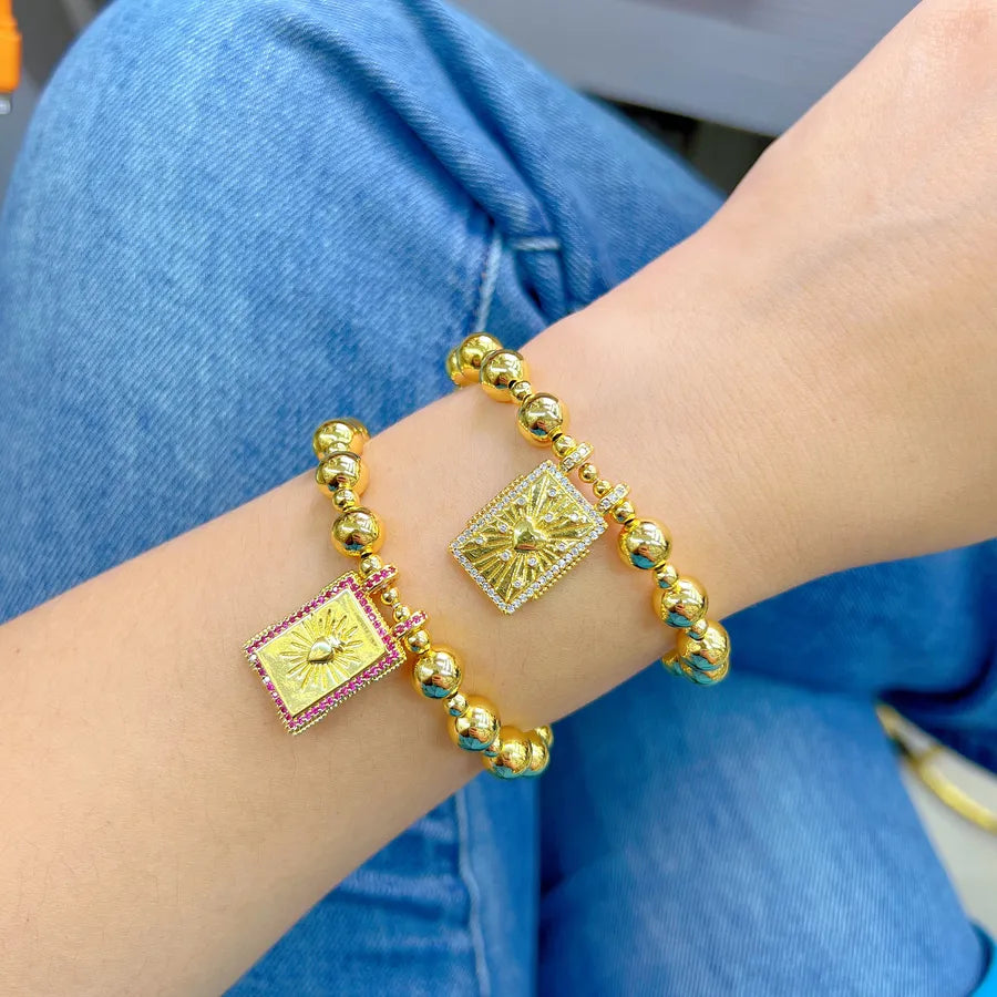 Wholesale Jewelry Casual Vacation Red Heart Lines Copper Zircon 18K Gold Plated Polishing Plating Bracelets Beaded Chain