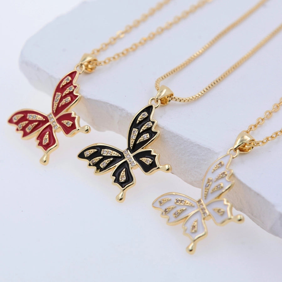 Copper 18K Gold Plated Epoxy Inlay Butterfly Zircon Pendant Necklace
