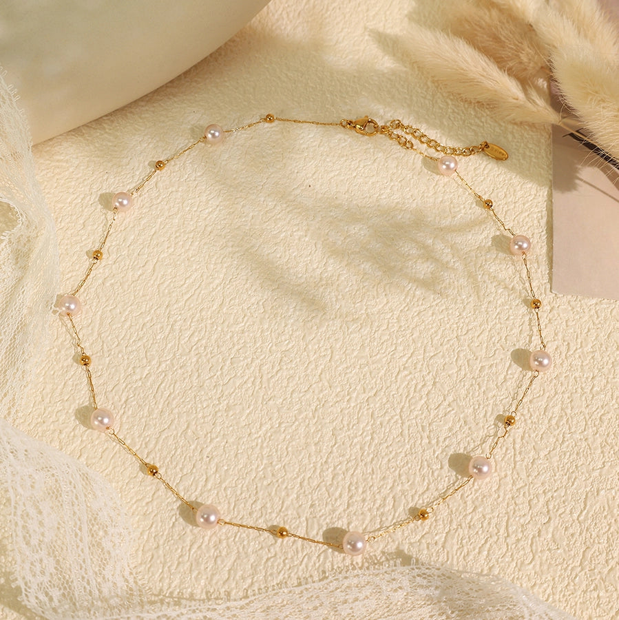 Jewelry IG Style Elegant French Style Round 304 Stainless Steel Artificial Pearls 18K Gold Plated Beaded Polishing Necklace