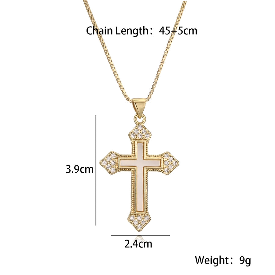 Jewelry Retro Simple Style Cross Copper Shell Zircon Pendant Necklace