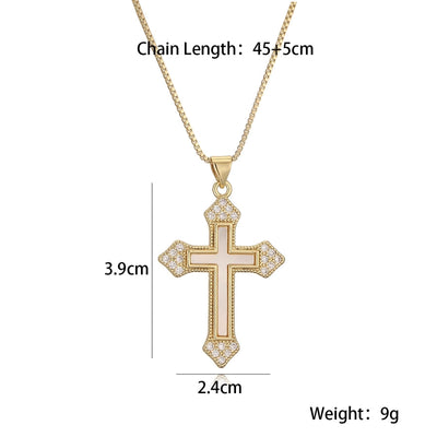 Jewelry Retro Simple Style Cross Copper Shell Zircon Pendant Necklace