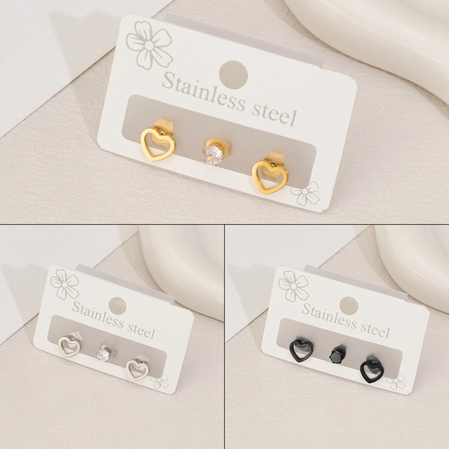 1 Set Sweet Simple Style Geometric Heart Shape Polishing Hollow Out Inlay 304 Stainless Steel Zircon 18K Gold Plated Ear Studs