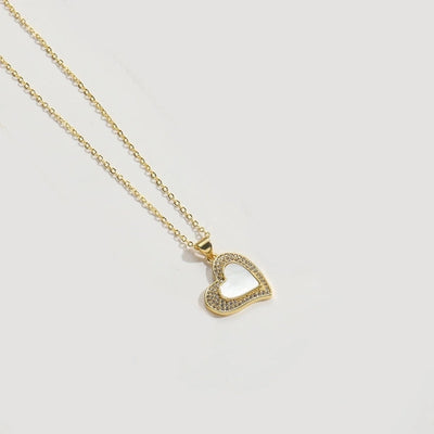 Shell Copper 14K Gold Plated Inlay Heart Shape Butterfly Zircon Pendant Necklace