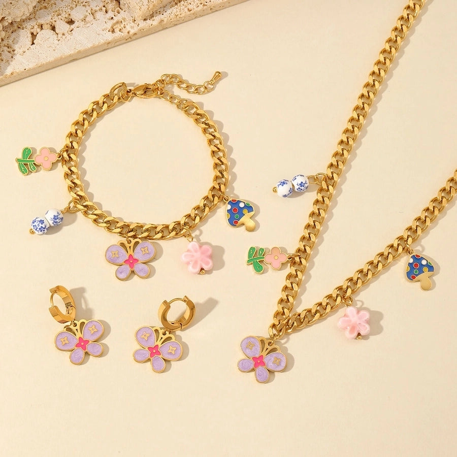 Jewelry Cute Sweet Flower Mushroom Butterfly 304 Stainless Steel 18K Gold Plated Enamel Plating Multi Charms Necklace Bracelets Earrings