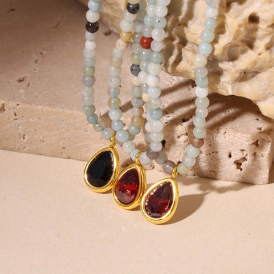 Elegant Vacation Water Droplets 304 Stainless Steel natural stone Zircon Beaded Chain Pendant Necklace In Bulk