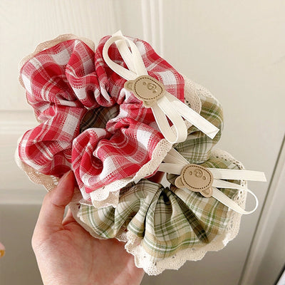 Women's Casual Preppy Style Lattice Bear Bow Knot Cloth Lace Hair Tie