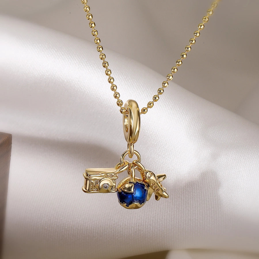 Copper 18K Gold Plated Enamel Geometric Airplane Pendant Necklace