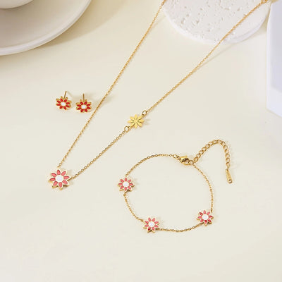 Premium Little Daisy Flower Bracelet Necklace Ear Stud Three-Piece Set Sweet Personality Niche Stainless Steel Ornament