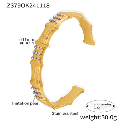 Elegant Luxurious Geometric 304 Stainless Steel 18K Gold Plated Artificial Pearls Bangle In Bulk