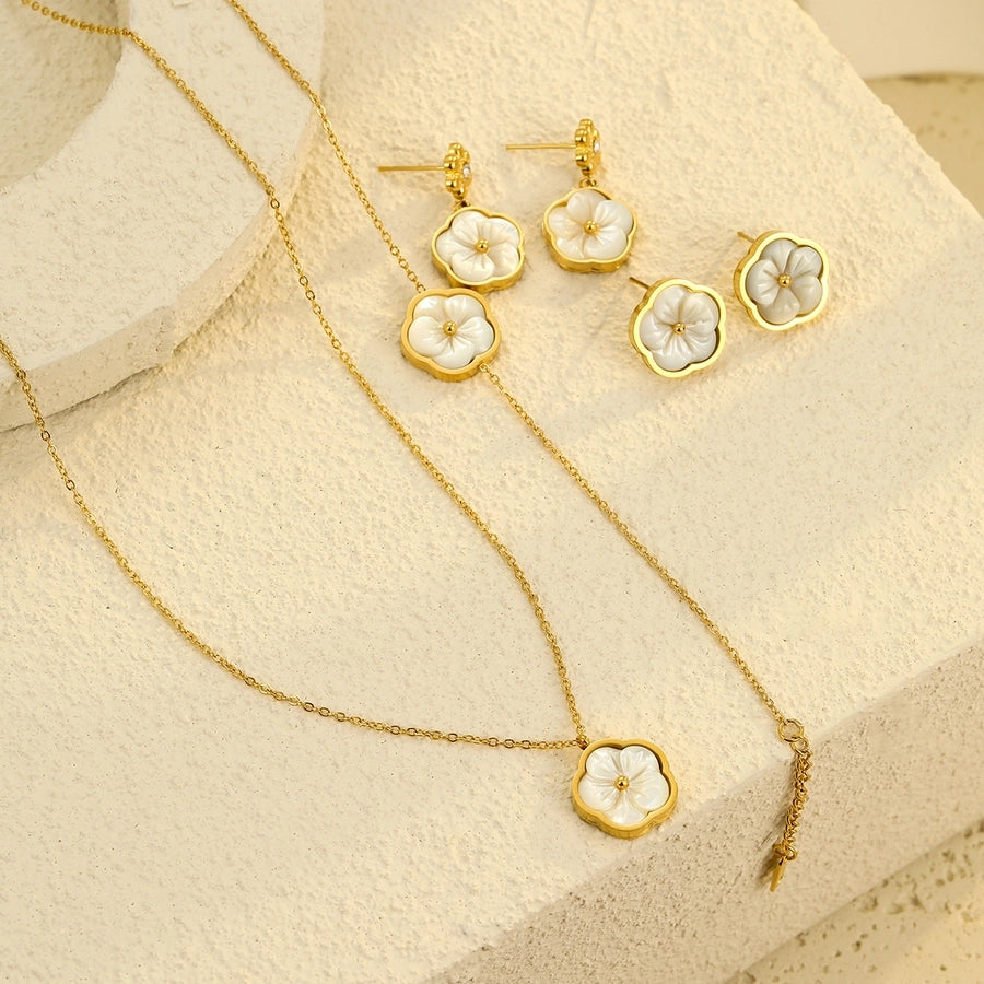 Jewelry Simple Style Flower 304 Stainless Steel Shell Zircon 18K Gold Plated Inlay Bracelets Earrings Necklace