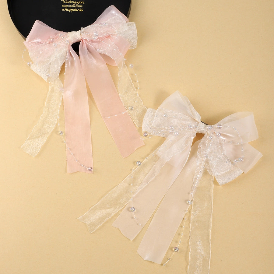 Women's IG Style Sweet Bow Knot Beaded Gauze Hair Clip
