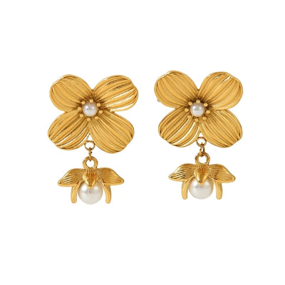 1 Pair IG Style Flower Plating Inlay 304 Stainless Steel Pearl 18K Gold Plated Ear Studs