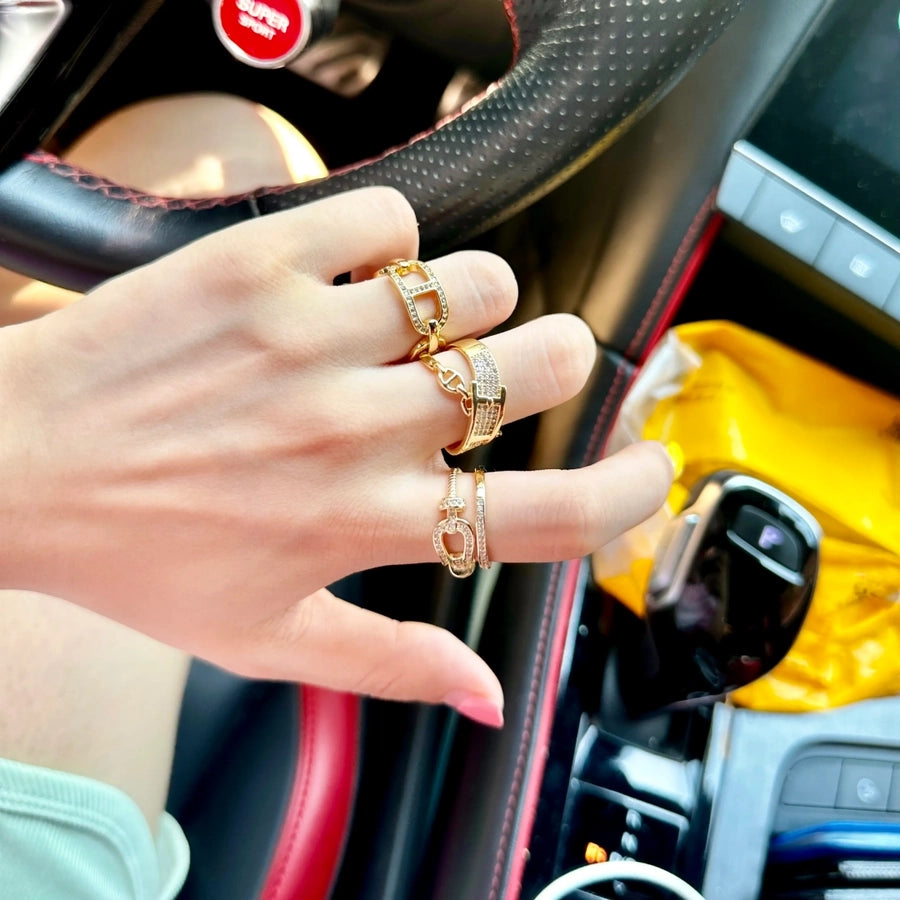 Copper 18K Gold Plated Inlay Geometric Zircon Copper Rings