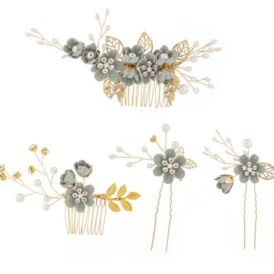 Women's IG Style Sweet Flower Cloth Metal Handmade Pearl Inlay Rhinestones Insert comb