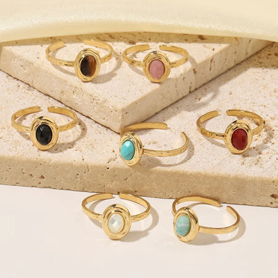 Wholesale Jewelry Retro French Style Oval Titanium Steel Natural Stone Turquoise Agate 14K Gold Plated Plating Inlay Open Rings
