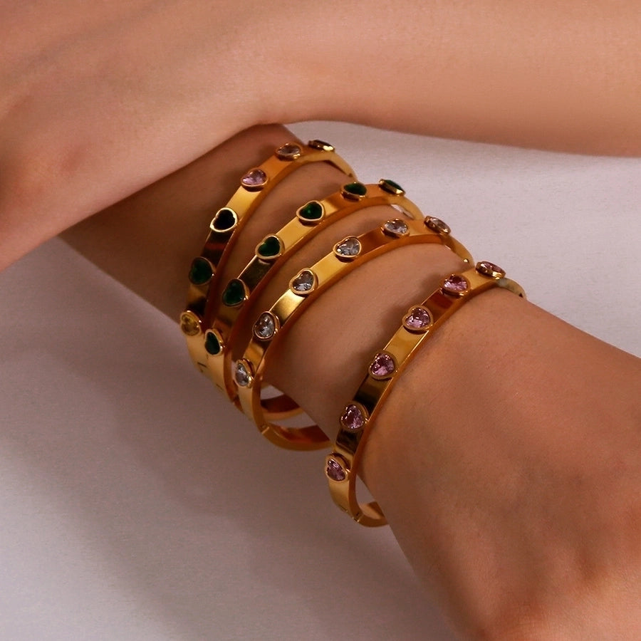IG Style Shiny Heart Shape 304 Stainless Steel 18K Gold Plated Zircon Bangle In Bulk