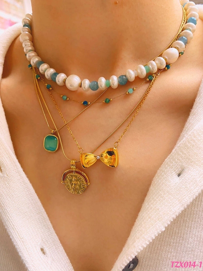 Jewelry Simple Style Bow Knot 304 Stainless Steel natural stone 18K Gold Plated Pendant Necklace