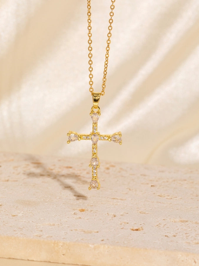 Copper Plating Cross Zircon Pendant Necklace