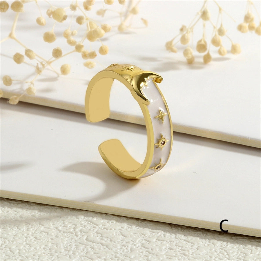 Copper Enamel Inlay Star Moon Zircon Open Rings
