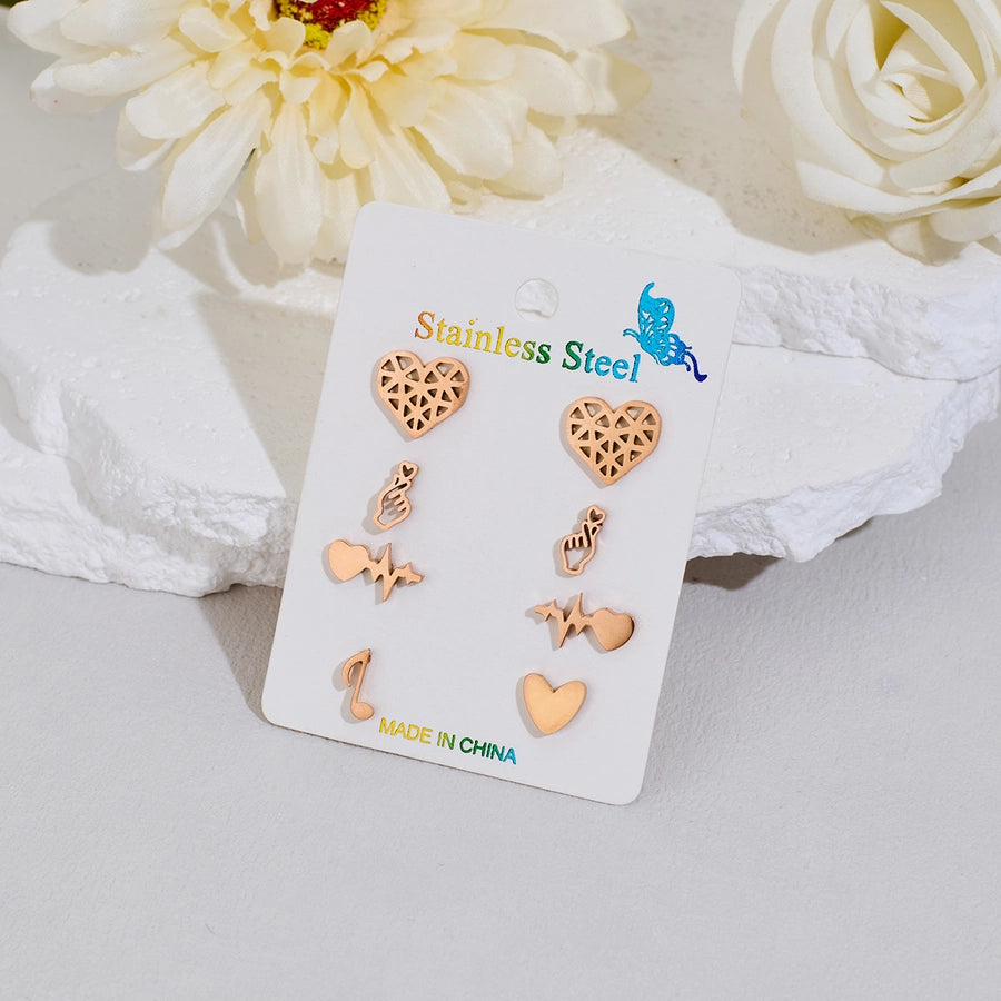 4 Pairs Cute Sweet Commute Geometric Heart Shape Polishing Hollow Out 304 Stainless Steel 18K Gold Plated Ear Studs