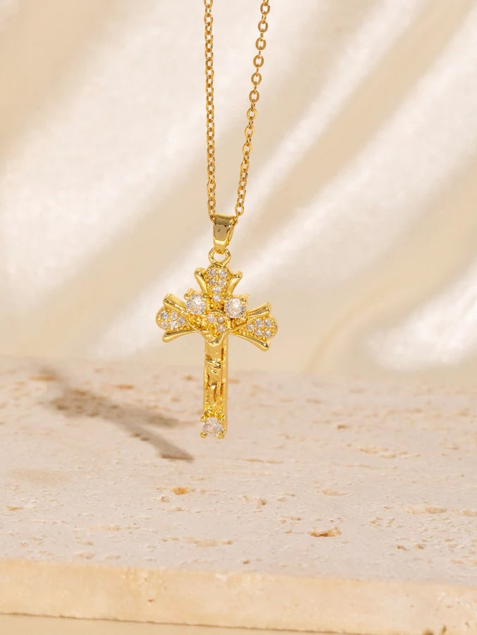 Copper Plating Cross Zircon Pendant Necklace