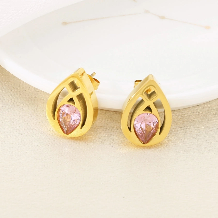 1 Pair Vintage Style Water Droplets Hollow Out Inlay 304 Stainless Steel Zircon 18K Gold Plated Ear Studs