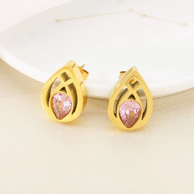 1 Pair Vintage Style Water Droplets Hollow Out Inlay 304 Stainless Steel Zircon 18K Gold Plated Ear Studs