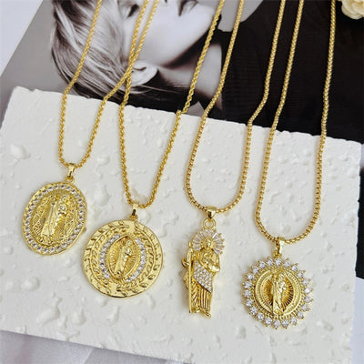 Multi-Style Copper Plating 18K Gold Inlaid Zircon Artificial Pearl Drop Oil Saint Jude round Pendant Necklace Fashion Noble Suitable for Mother's Day Valentine's Day Gift