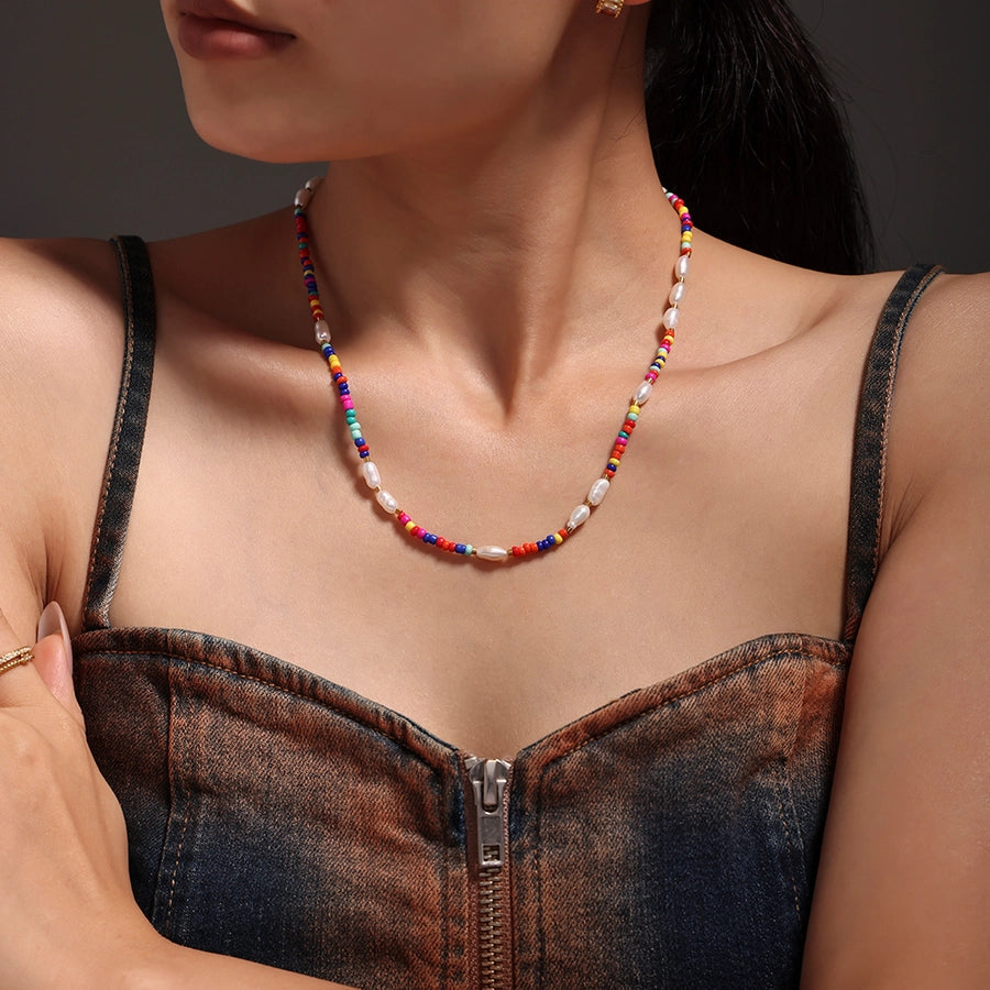 Jewelry Elegant Vacation Geometric 304 Stainless Steel Natural Freshwater Pearl 18K Gold Plated Beaded Necklace