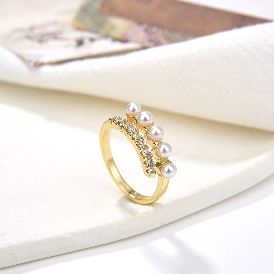 Copper Plating 18K Color Retaining Glossy Zircon Imitation Pearl Open Ring