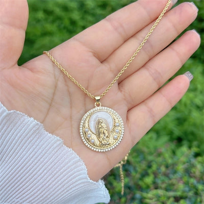 Copper 18K Gold Plated Enamel Inlay Round Virgin Mary Artificial Pearls Zircon Pendant Necklace