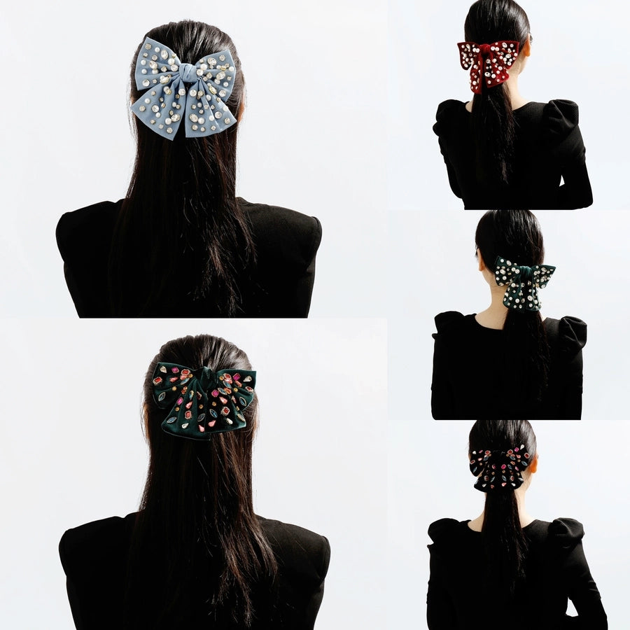 fashion bow knot alloy corduroy inlay artificial pearls rhinestones hair clip 1 piece