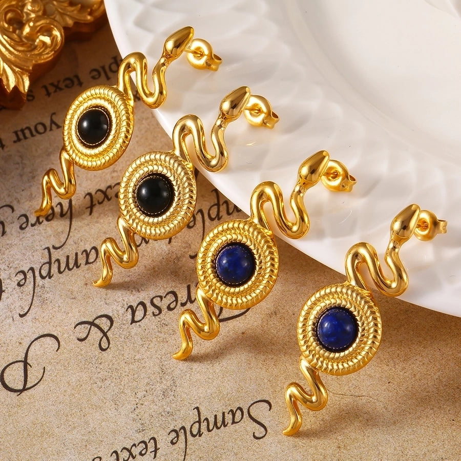 1 Pair Retro British Style Round Snake Plating Inlay 304 Stainless Steel Natural Stone Agate 18K Gold Plated Ear Studs
