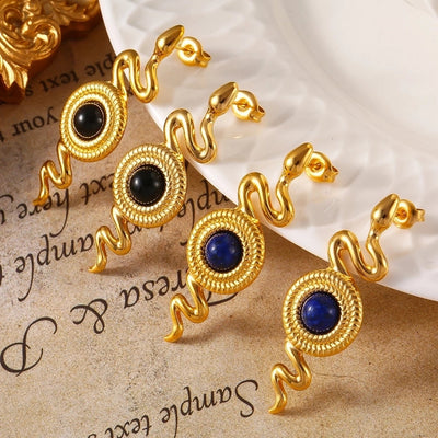 1 Pair Retro British Style Round Snake Plating Inlay 304 Stainless Steel Natural Stone Agate 18K Gold Plated Ear Studs