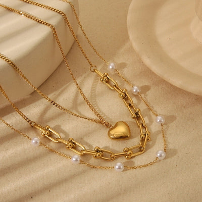 Jewelry Vintage Style Geometric Heart Shape 304 Stainless Steel 18K Gold Plated Plating Three Layer Necklace